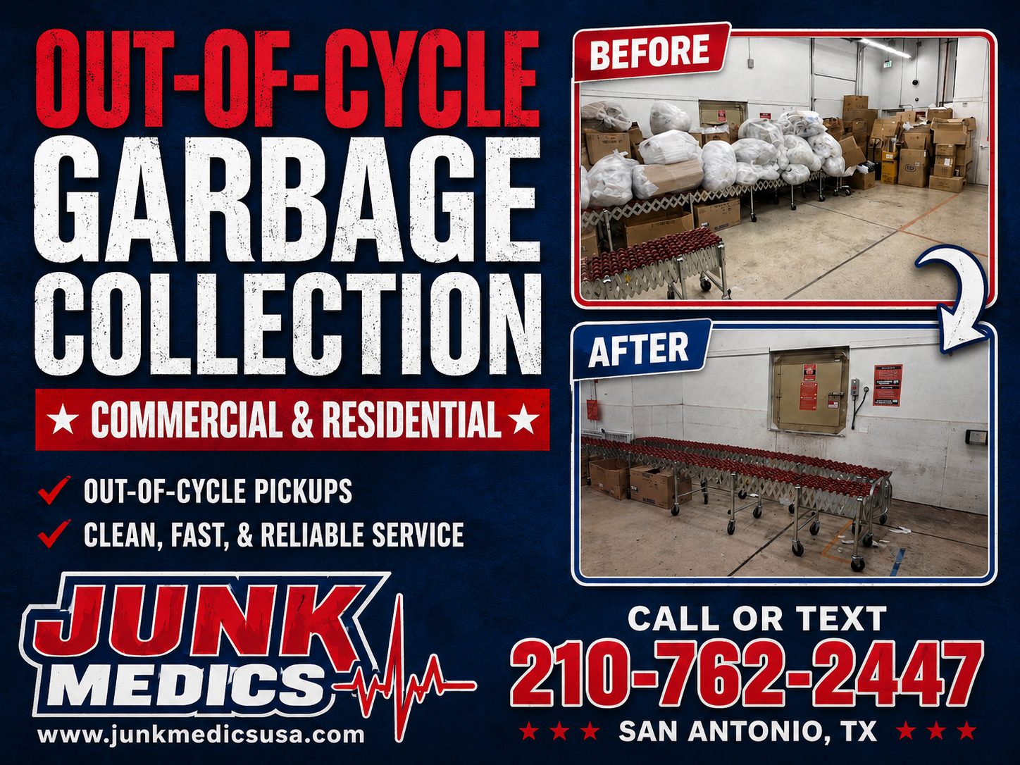 Junk Medics out-of-cycle garbage collection flyer with a before and after warehouse cleanup