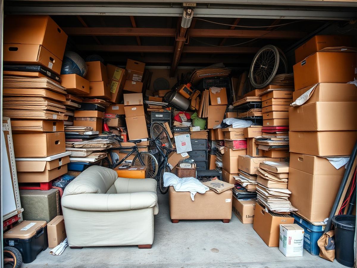 Garage packed with boxes, furniture and clutter before junk removal